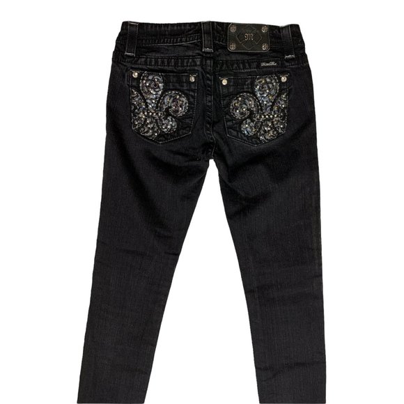 Miss Me 'Mid-Rise Skinny' Womens Jeans Tag 27 Black W28xL33 Sequins Fleur de Lis - Picture 3 of 12